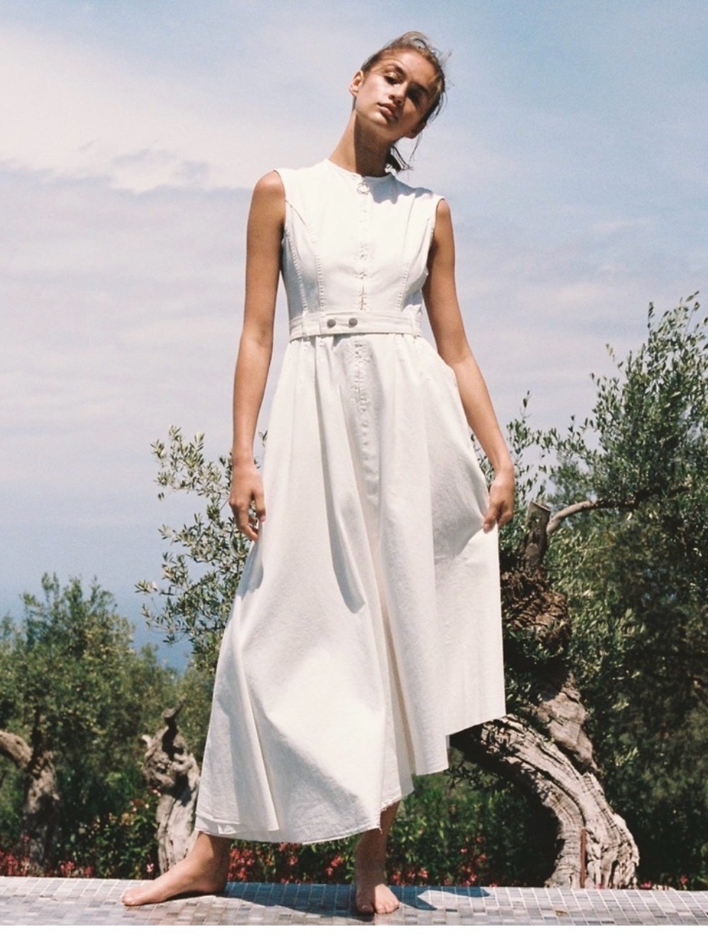 Zara Asymmetrical Off White Sleeveless Midi Dress with Button Waist Size Medium